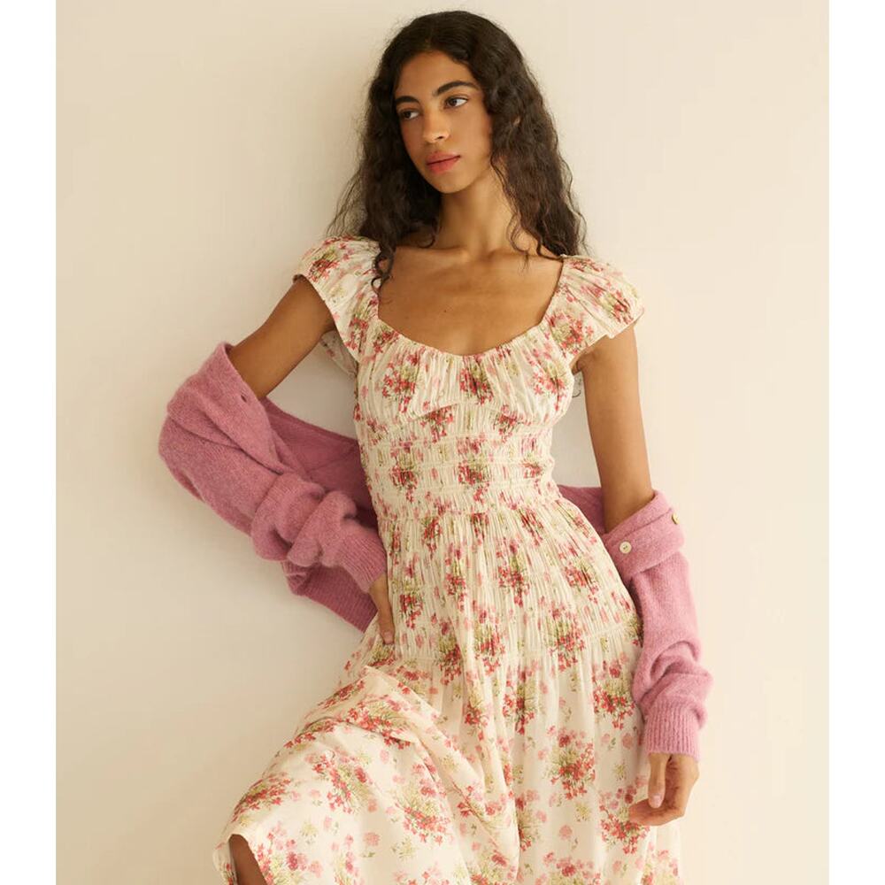 Doen Cream Floral Midi Dress with Pink Cardigan Accent